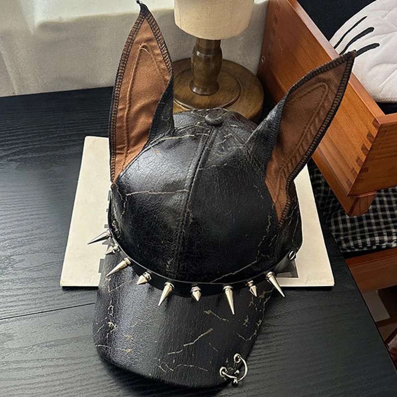 Nuevo nicho Punk cuero remache orejas de perro gorras de béisbol primavera otoño hombres mujeres personalidad ajustable sombrilla de moda sombreros de Hip Hop
