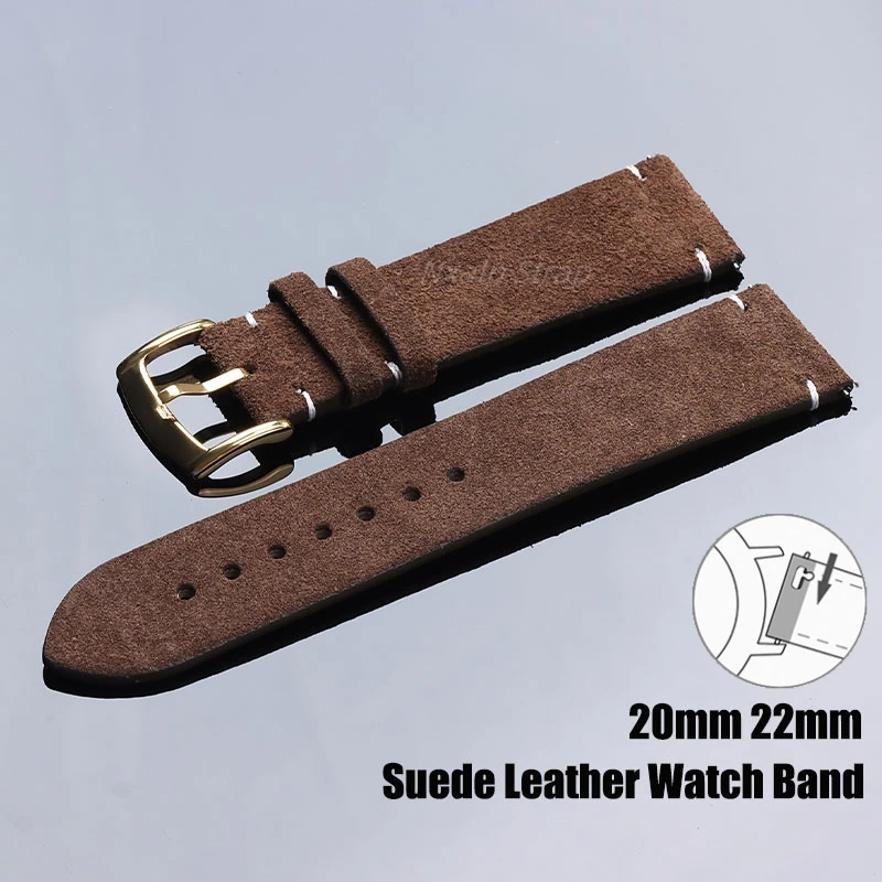 Vintage Suede Leather Watch Band 20mm 22mm Blue Brown Watch Straps Quick Release Handmade Stitching Wristband Watch Accessories