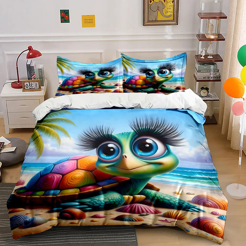 Rainbow turtle on shell beach Bedding Set for Kids Luxury Gift 3pcs Digital Print Comforter Set Soft Comfortable Breathable