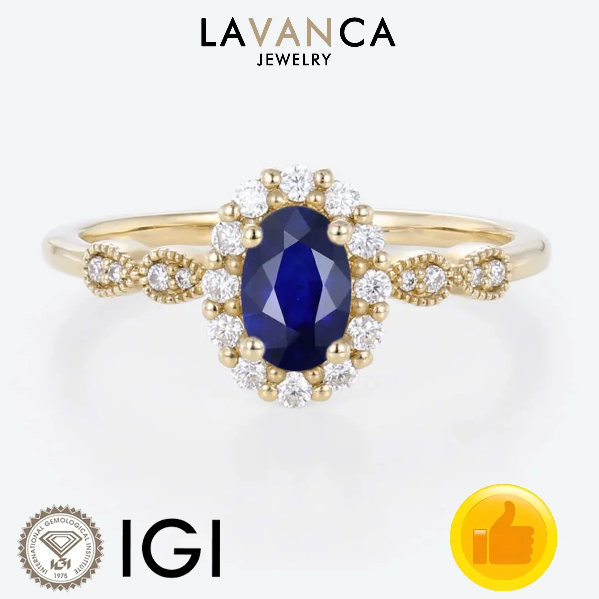 

Кольцо из желтого золота 9K/14K/18K с выращенным в лаборатории сапфиром овальной огранки и круглыми выращенными в лаборатории бриллиантами в стиле «Хало», обручальное кольцо