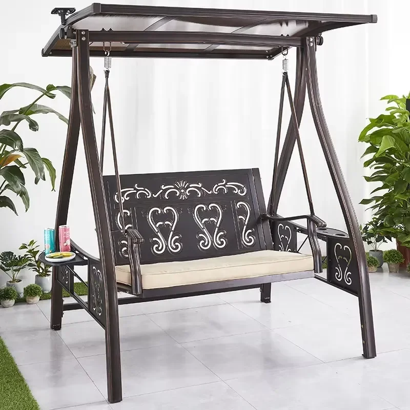 Black Modern Front Porch Furniture Outdoor Garden Patio Double 2 Seater Cast Aluminum Swing Hanging Chairs with Canopy