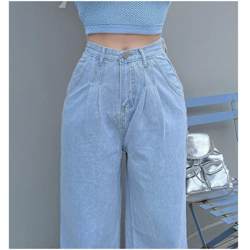 Korean Light Blue Baggy Jeans Women High Waisted Streetwear Chic Fashion Wide Leg Pants Denim Female Quilted Fashion Jeans Mom