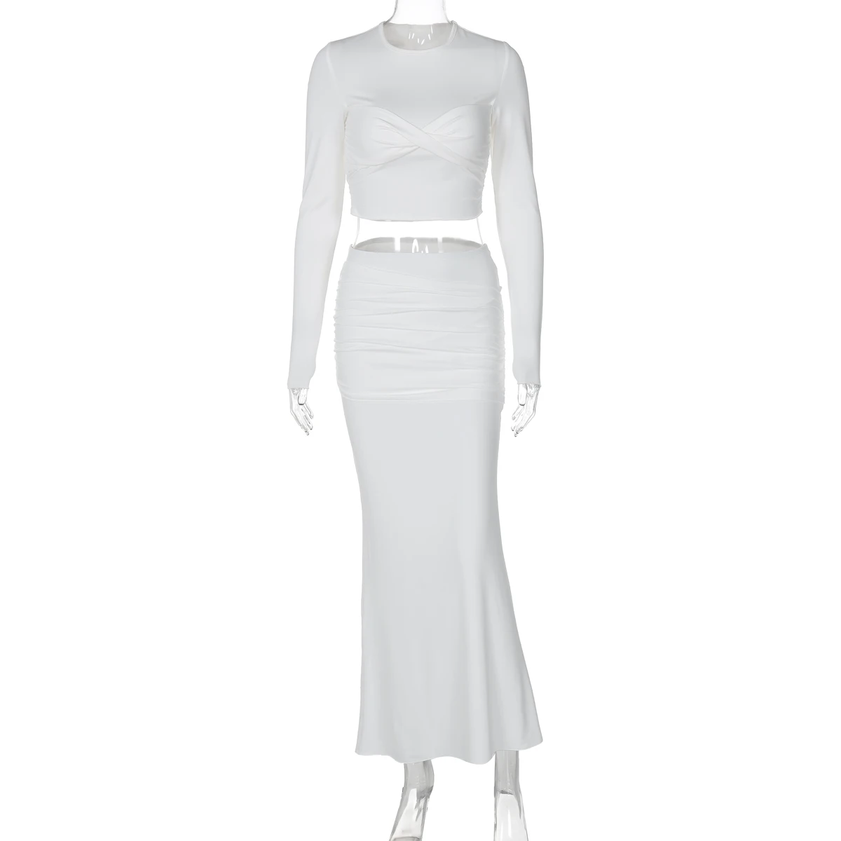 MSCSZ Autumn Maxi Skirt 2 Piece Sets Women Outfit Elegant White Party Club Outfit Twist Long Sleeve Top + Ruched Long Skirt