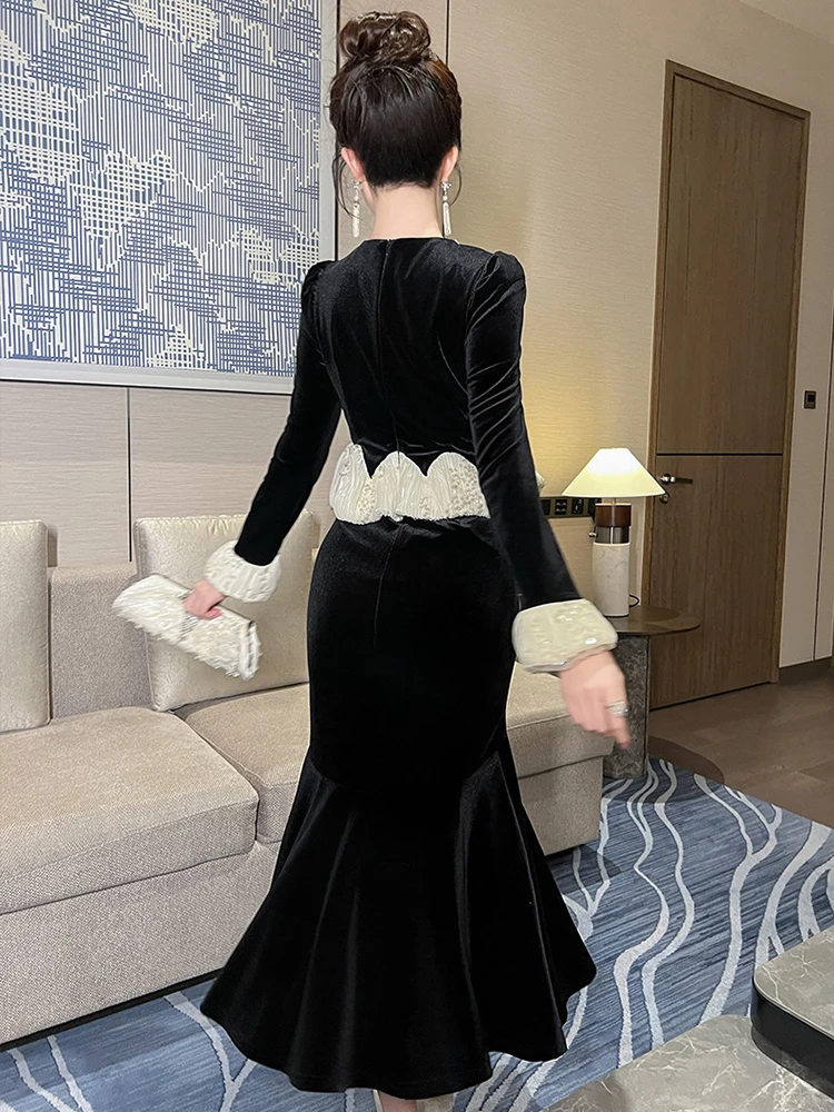 Women's Exquisite Elegant Fake 2 Piece Formal Evening Dress Lady Sweet Diamonds Sheer Mesh Sequin Fishtail Robe Party Vestidos