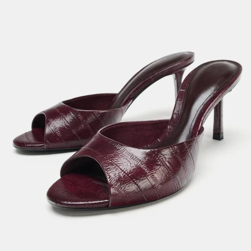 

Burgundy Textured Leather Design Heeled Slippers Women Sexy Peep Toe Stiletto Slide Sandals Elegant Party Dress Shoes Sandalias