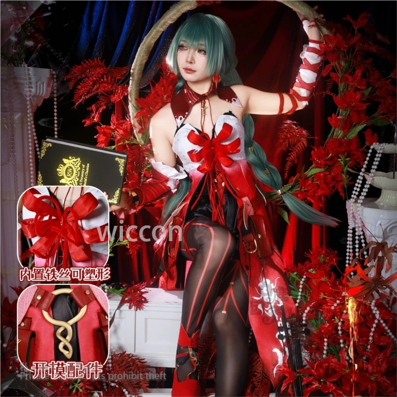 Пиролова Косплей Костюм Игра Wuthering Waves Зажим Для Ушей Парик Сексуальное Платье Головной Убор Чулки Ресницы Реквизит Женский Хэллоуин Вечеринка