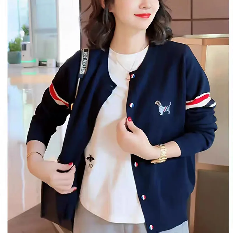 Autumn New Fashion Striped Sweaters Coat Women Puppy Embroidery Knitted Cardigan Chic Button Loose Casual Tops