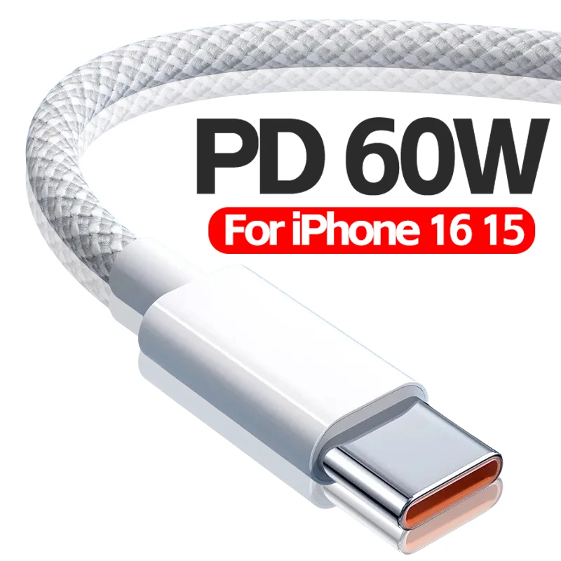 60W PD Braided USB-C to USB C Fast Charger Cable For iPhone 16 15 Pro Max Type C Quick Charging Data Cord For Xiaomi Samsung