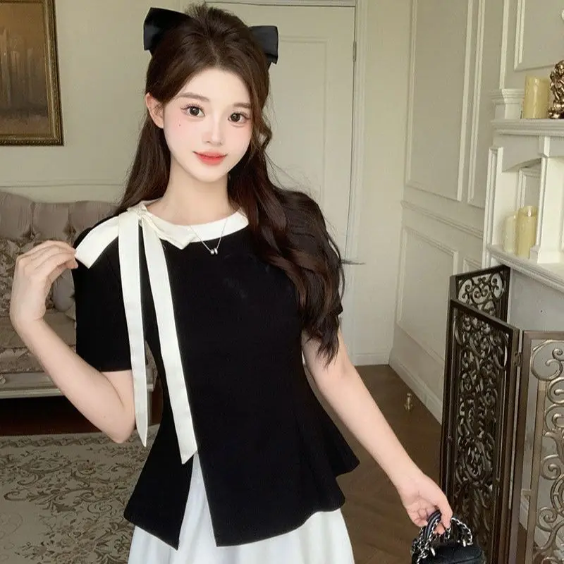 

Korean sweet lace up bow slit short sleeved T-shirt for women in summer, fashionable waist cinching and slimming top new style