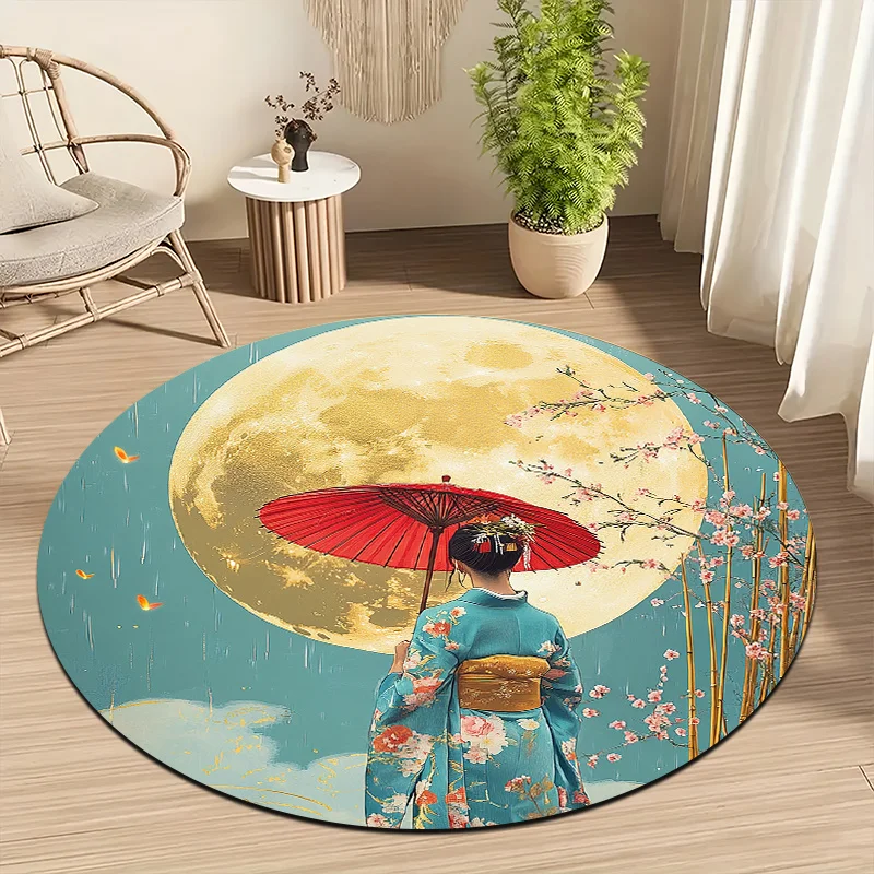 Geisha Japanese elegance Flannel-printed round floor mats are slip-resistant Suitable living room bedroom terrace garden carpets