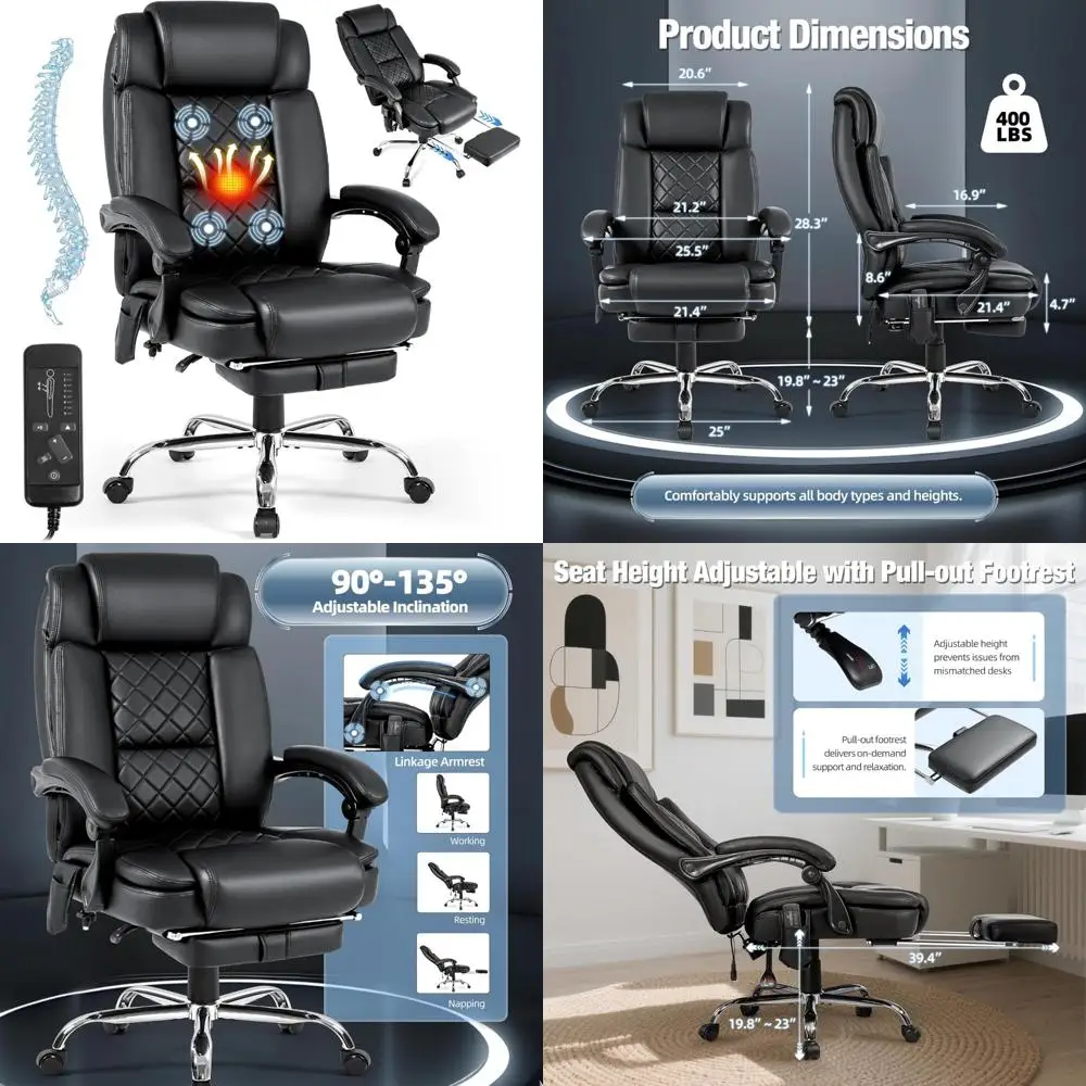 ergonomic high-back leather desk chair with footrest and 135° recline for 400 lbs capacity