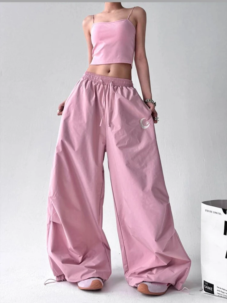 Amerykańskie spodnie cargo z szerokimi nogawkami, wysoki stan, sznurek, nadruk księżyca, estetyka Y2K, streetwear, letnie, luźne spodnie o swobodnym kroju.