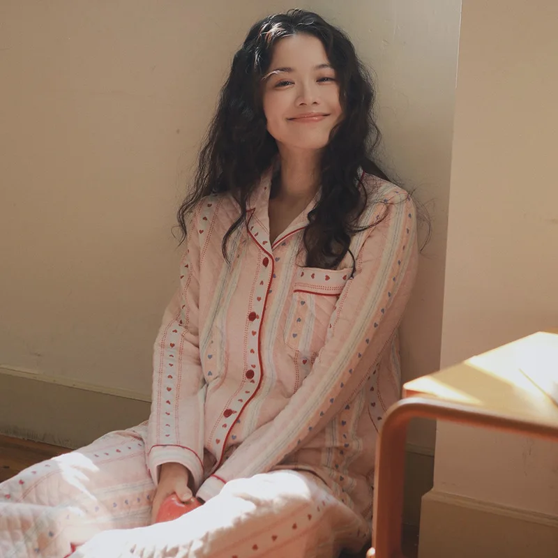 

Thickened Warm Air Cotton Pure Cotton Sleepwear Set for Women Autumn Winter Home Clothes Large Size Sweet Style Long Sleeve