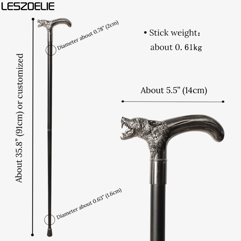 Bastone da passeggio di lusso da uomo con testa di lupo in argento da 91 cm, bastone decorativo alla moda, elegante bastone vintage per donna