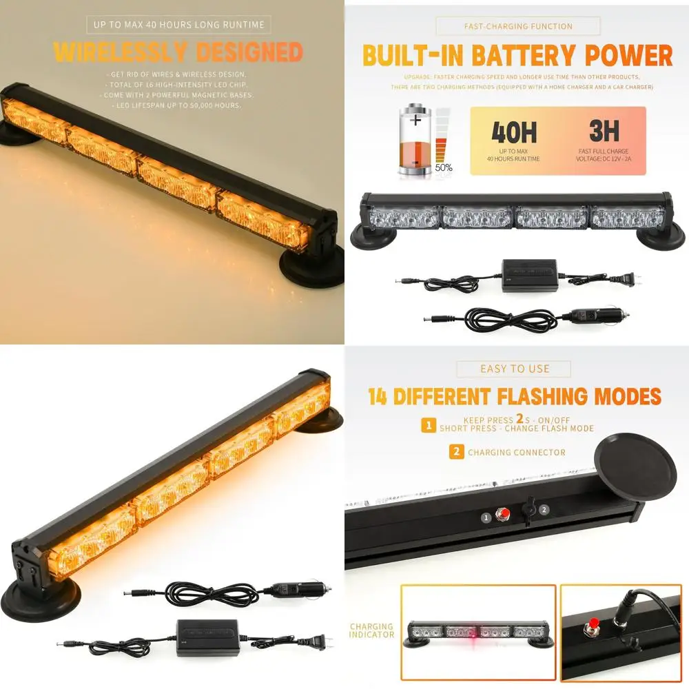 

Portable Amber LED Strobe Light Bar with Magnetic Base for Vehicle Rooftop Warning