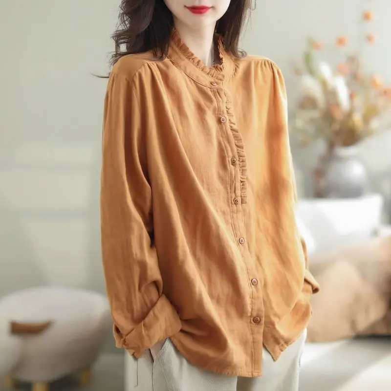 2024 Spring Autumn New Cotton Linen Blouse Crew Neck Button Spliced Ruffles Elegant Loose Casual Long Sleeve Women\'s Shirt Tops