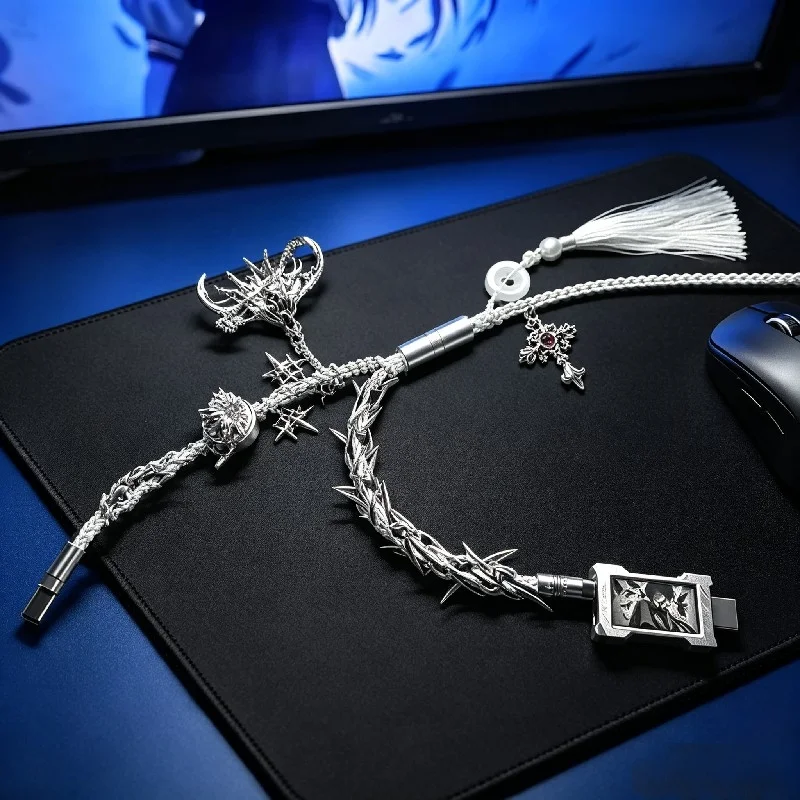 2-in-1 Aviator Aviation Plug Cable Customization1.3m White 8k Single Crystal Copper 8-strand Braided Wire Glowing Keyboard Cable