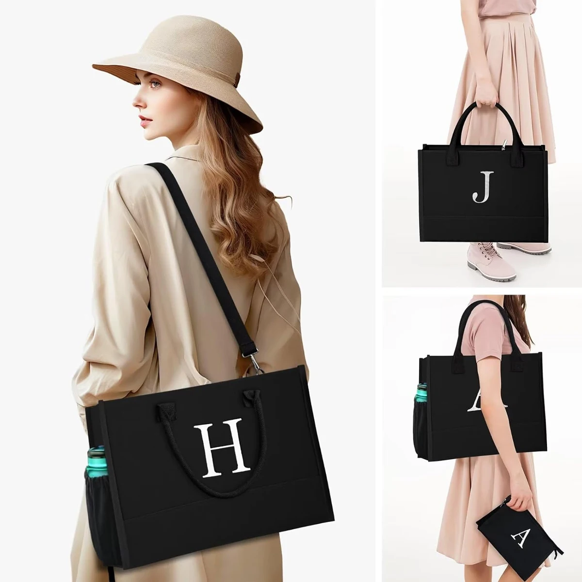 Lettered Embroidered Canvas Tote Bag Set Large Waterproof Shoulder Shopping Bag