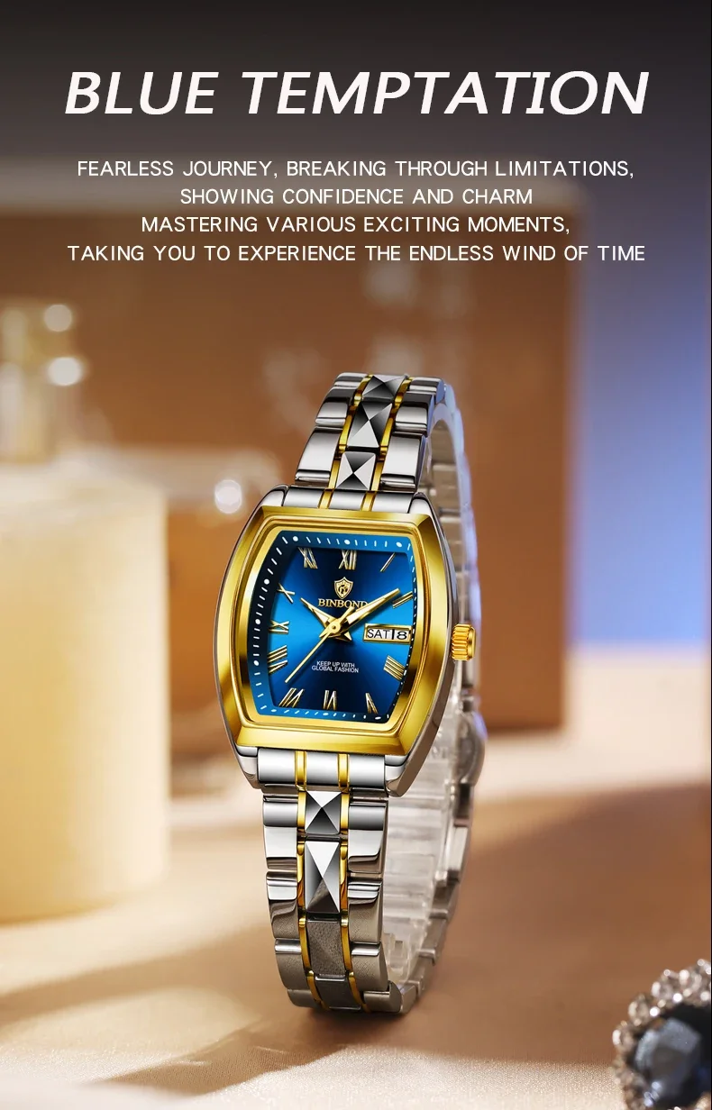 BINBOND 2pcs Couple Quartz Watches Fashion Square Watch for Lover Wateproof Luminous Date Week Men Ladies Valentine Wristwatch