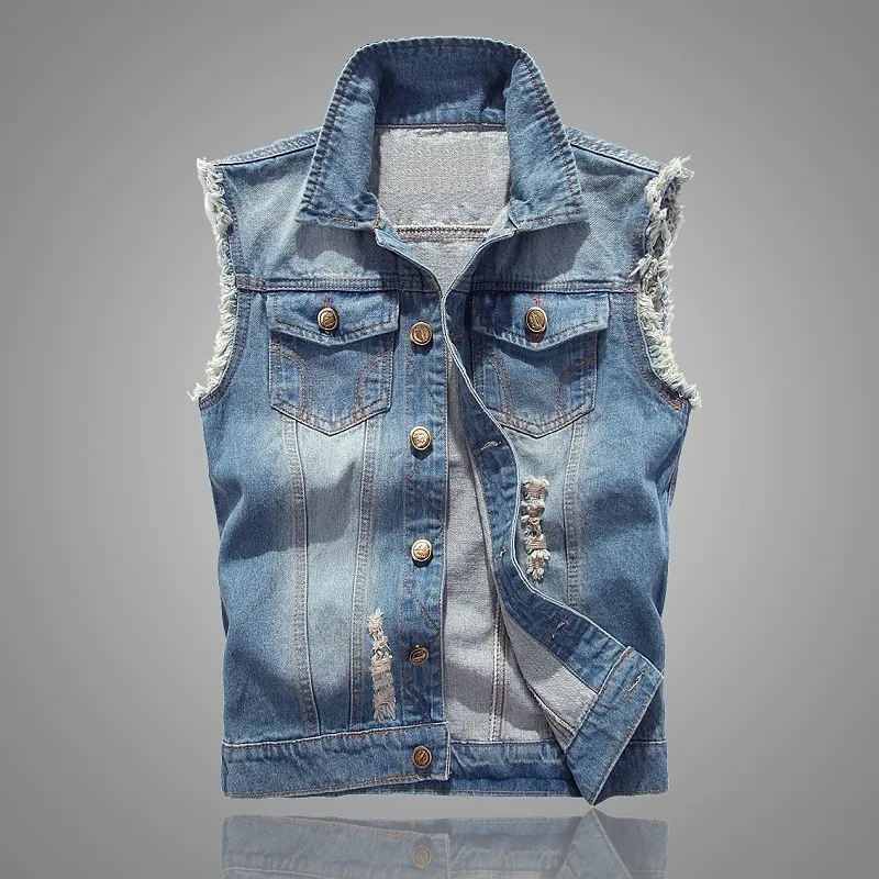 

Trendy Light Blue Ripped Denim Vest for Men