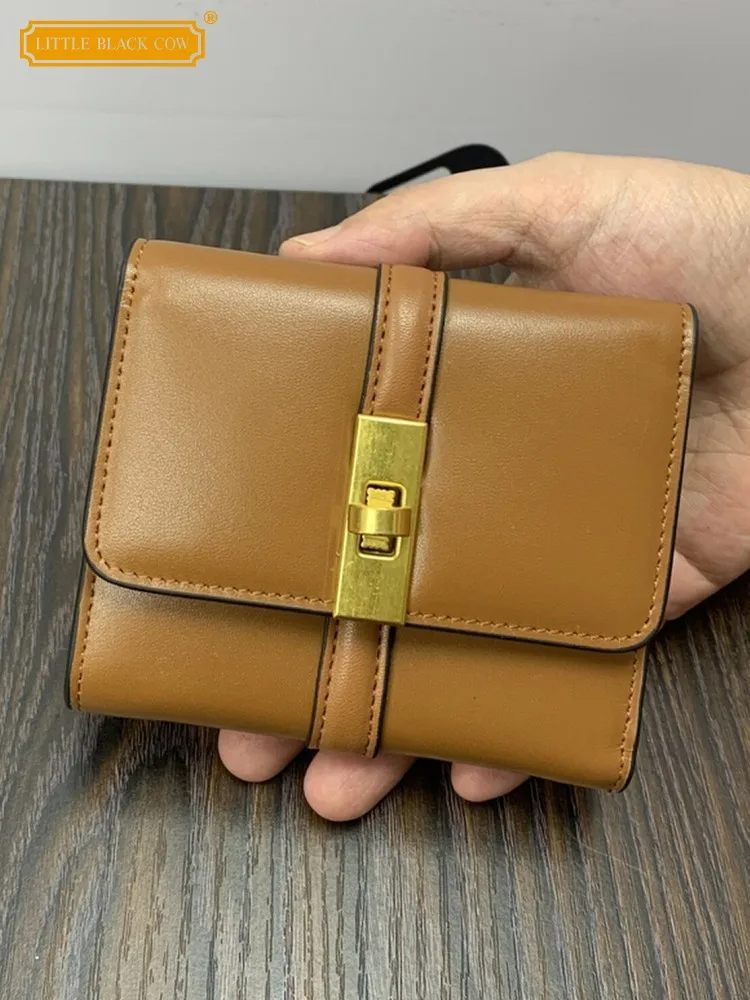 Office Ladies Solid Color Cowskin Genuine Leather Short Purse Handmade Fashion Hasp Card Holde Versatile Casual Women Wallet