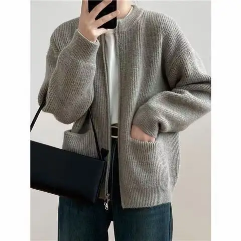 Women\'s Modern Double Zipper Knitted Cardigan New Fashion Spring Fall Round Neck Knit Sweater Loose Short Outer Wear Coat U395