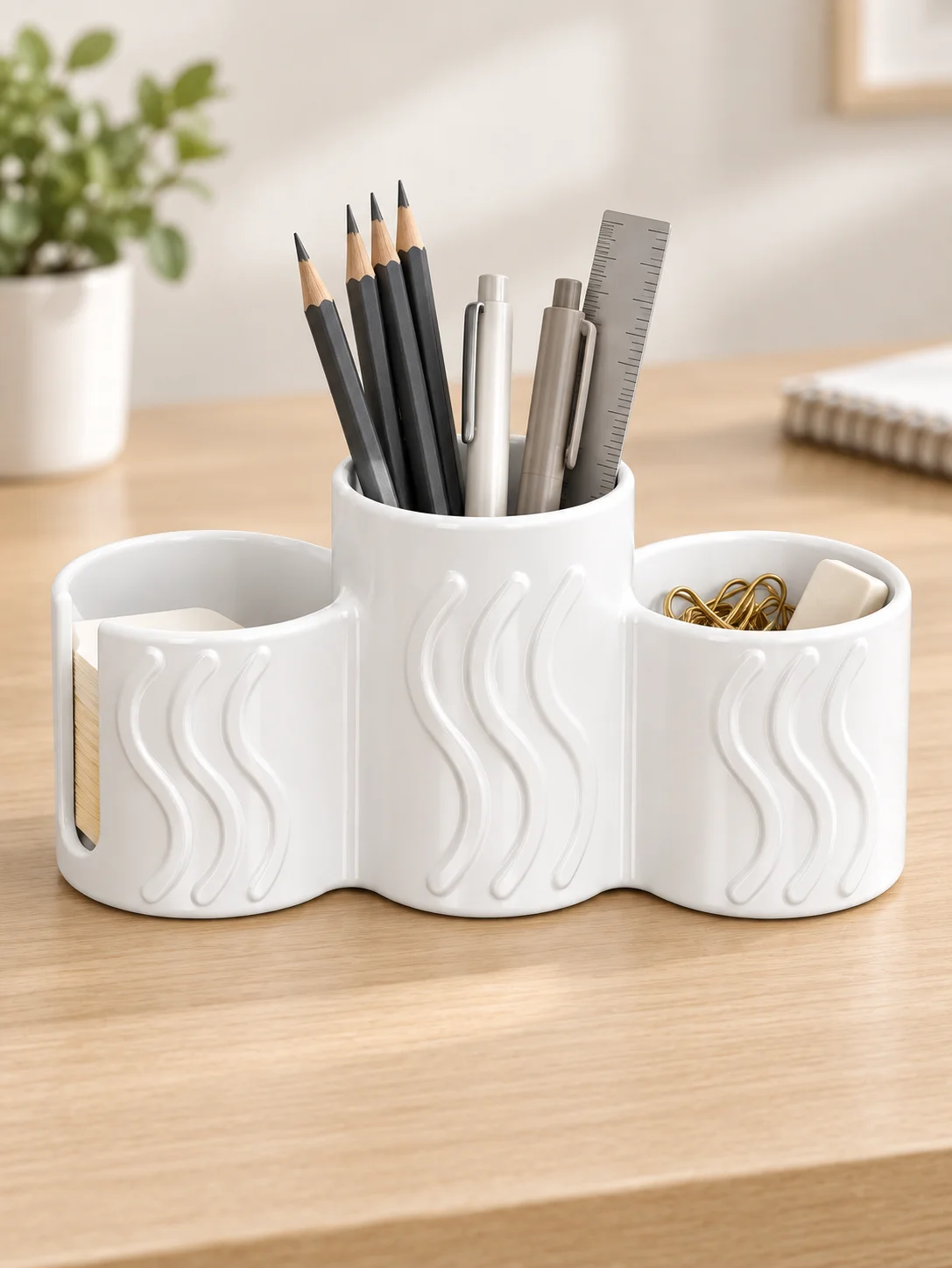 Three-Compartment Wavy Texture Vanity Organizer, White Multifunctional Makeup Brush Holder with Cotton Pad Slot, Partitioned Storage for Makeup Brushes, Lipsticks, Cotton Swabs, Makeup Remover Pads, Dental Floss, and Other Beauty Essentials. the Middle Compartment Holds Makeup Brushes Upright to Prevent Deformation. the Side Opening for Cotton Pads Makes Them Easy to Access. Suitable for Bedroom Vanity Tables and Bathroom Sinks. the Simple and Exquisite Texture Enhances the Ambiance of the Countertop. a Great Countertop Organizer for Beauty Enthusiasts