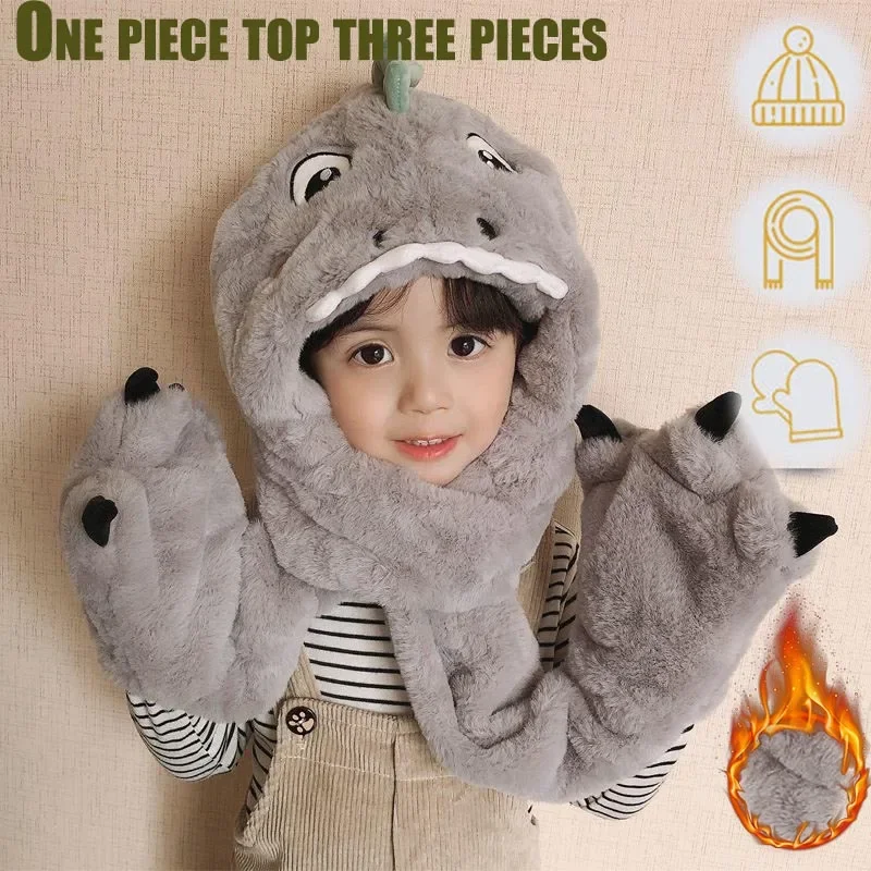 Hot Winter Children Warm One-piece Hat Boys Girls Winter Cartoon Dinosaur Plush Scarf One-piece Set Children Padded Cartoon Hat