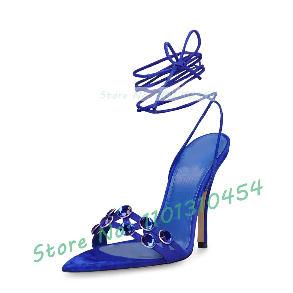 

Blue Jewelry Strappy Grid Suede Sandals Women Elegant Pointed Open Toe Lace Up Stiletto Sandals Party Luxury Cross Tied Shoes