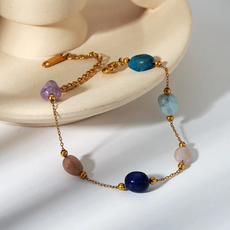 New fashion irregular 6 kind colorful natural stone jade crystal mix stainless steel 18k gold plated healing bracelet for woman