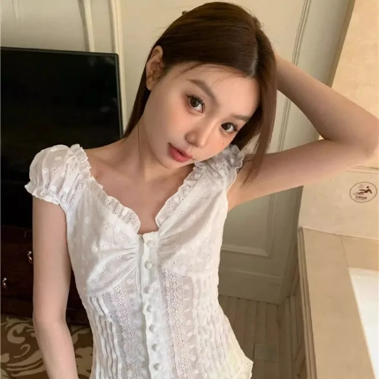 2024 Summer New Lace Patchwork Shirts Women Y2k E-Girl Slim Waist Fungus Blouses Fashion Sweet Puff Sleeve Blusas Mujer