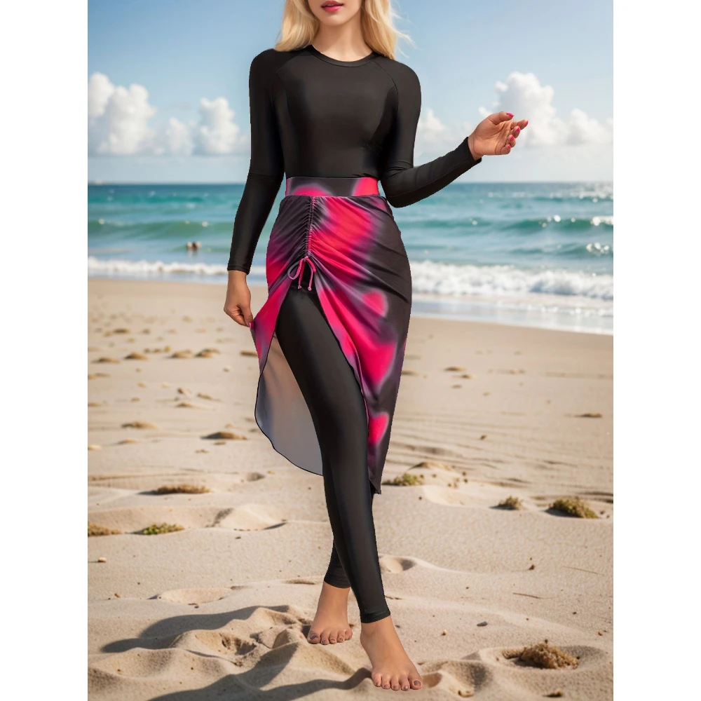 Modest Muslim Burkini 3Pcs Swimsuit Tie‑Dye Drawstring Wrap Skirt Long Sleeve Full Cover Pants Conservative Women Beach Swimwear