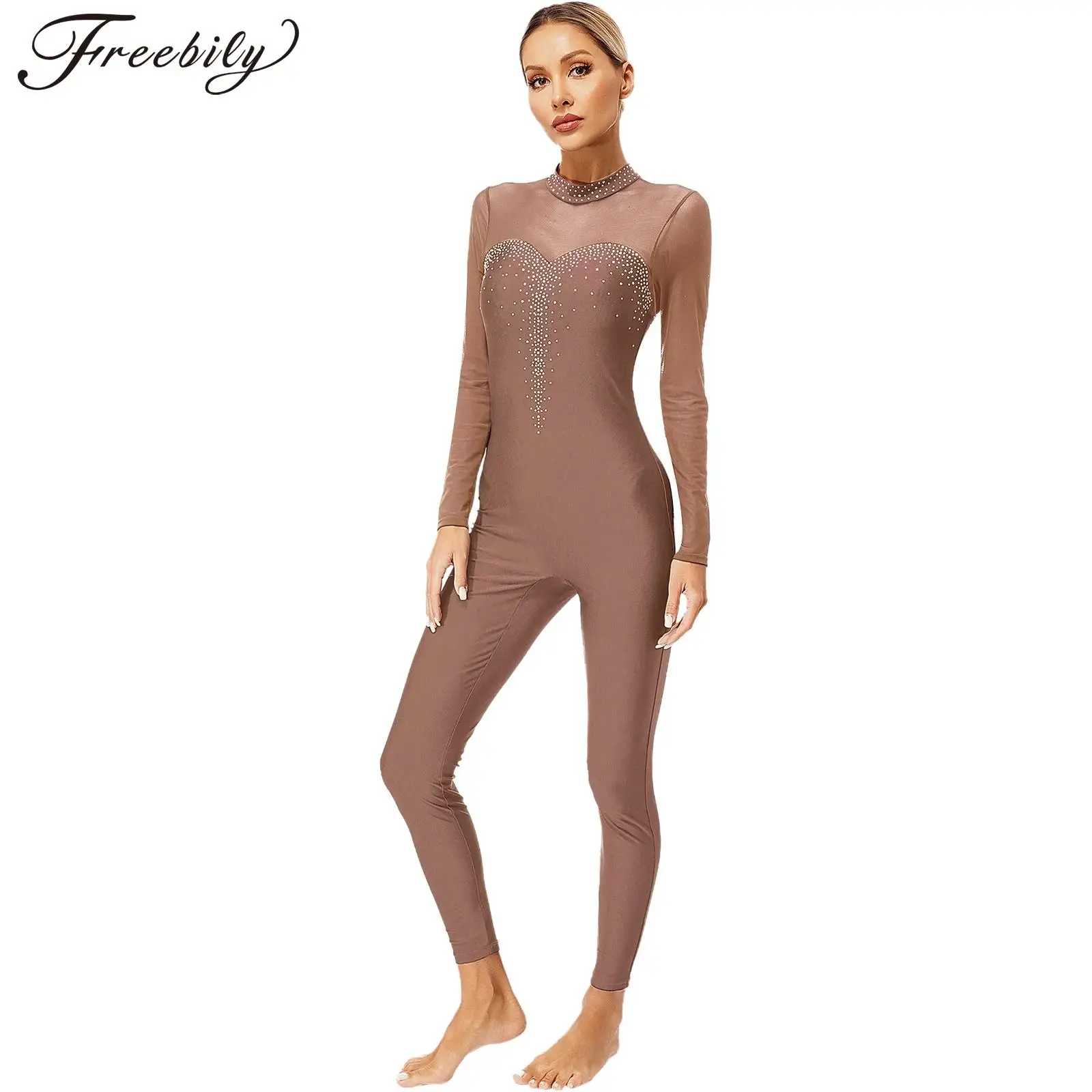 

Womens Long Sleeve Rhythmic Gymnastics Bodysuit for Femme Rhinestones Ballet Dance Jumpsuit Figure Skating Acrobatics Leoatrd