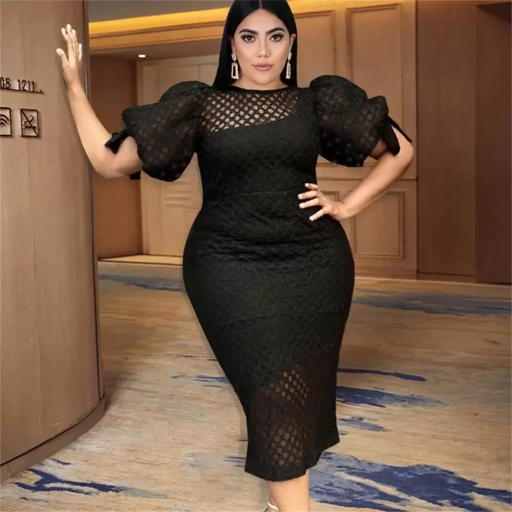 Plus Size Dresses Black Sexy Mesh Hollow Puff Short Sleeve Tunics Bodycon Fashion Classy Summer Autumn Party Gowns Prom Dress