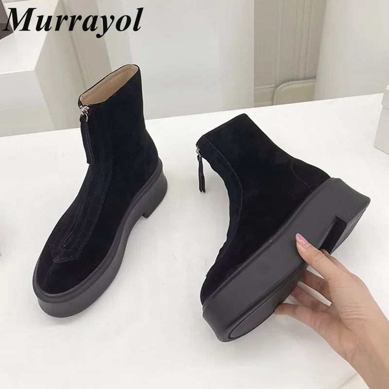 

New Front Zipper Design Ankle Botas Women Cow Suede Thick Sole Solid Color Short Boots Autumn Winter Versatile Riding Boots