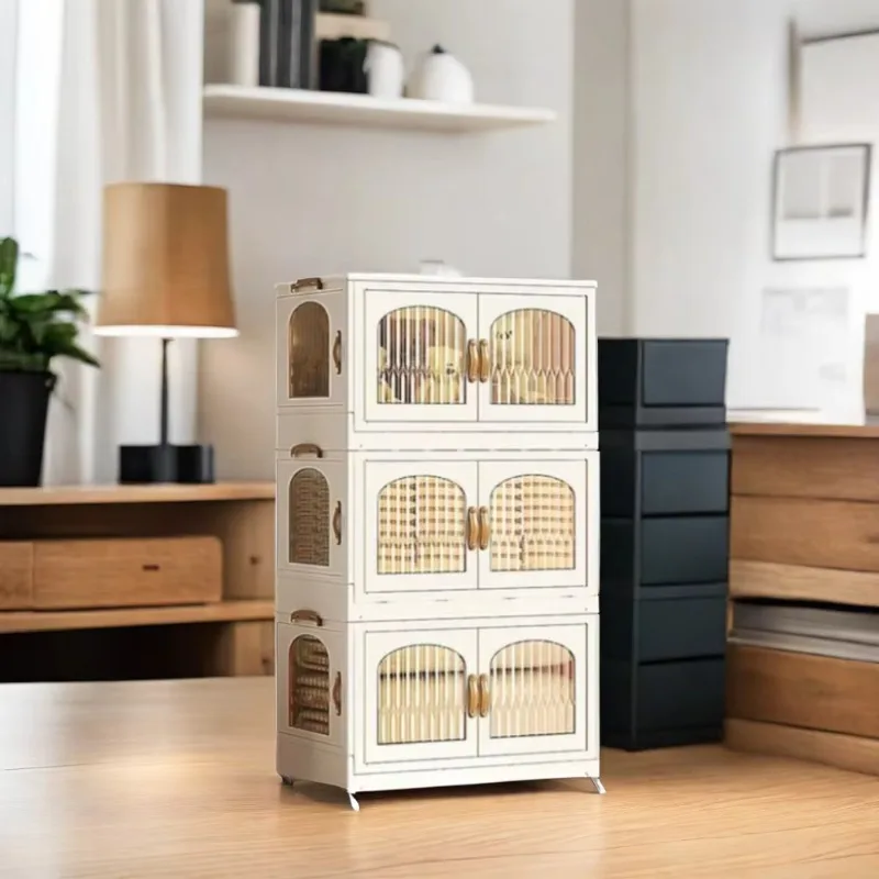 Stackable storage bins with foldable lids, wheels and doors for