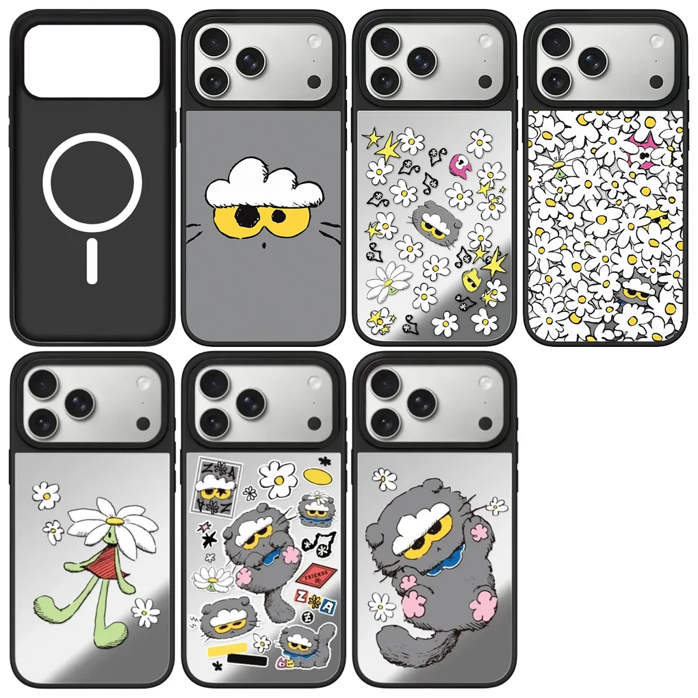 

Cat Friend Flower Pattern Mirror Surface Magnetic Phone Case Cover for IPhone 12 13 14 15 16 17 Pro Max Case for IPhone 17 Air