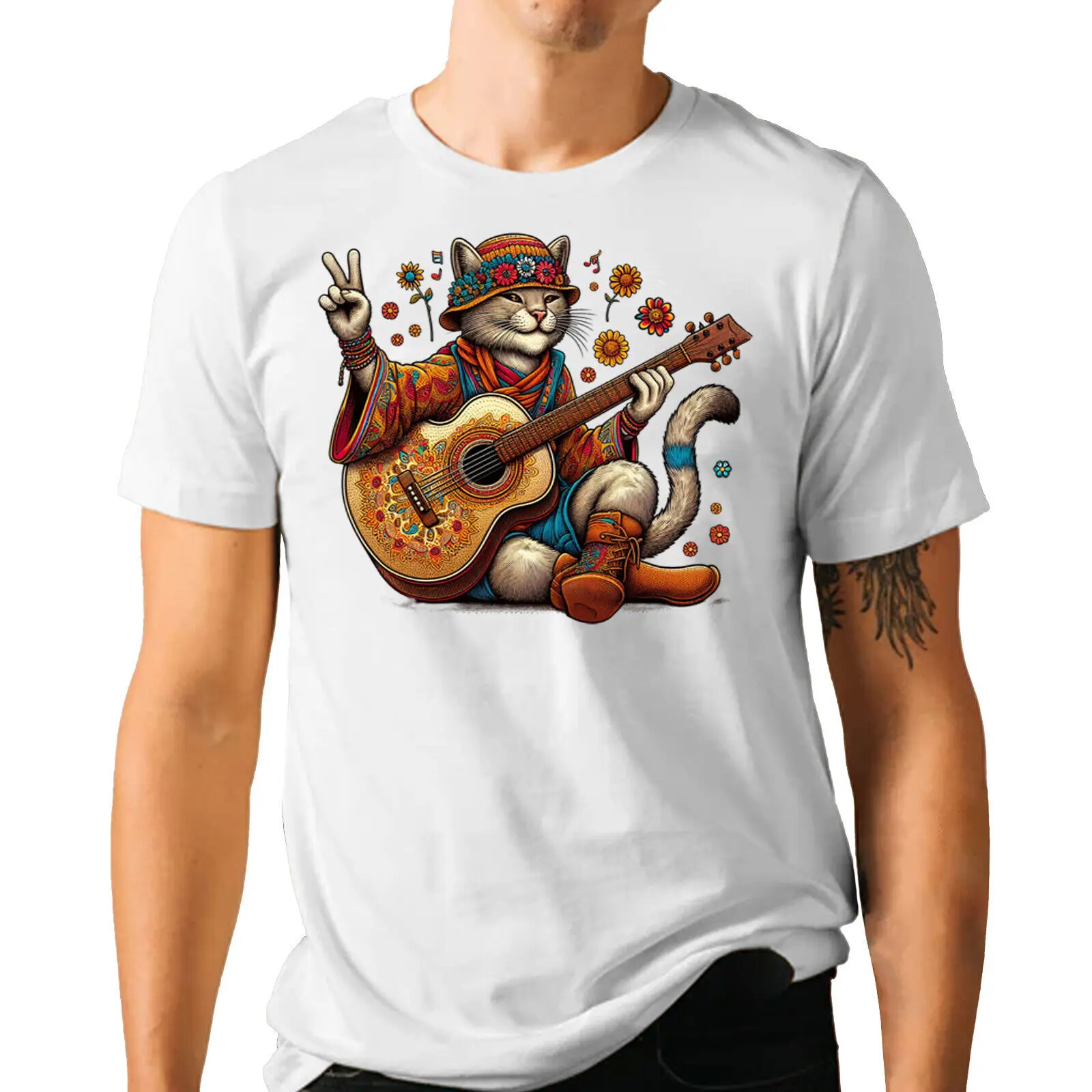 

Cat Funny Guitar T-shirt - Hippie Music Peace And Love Tee