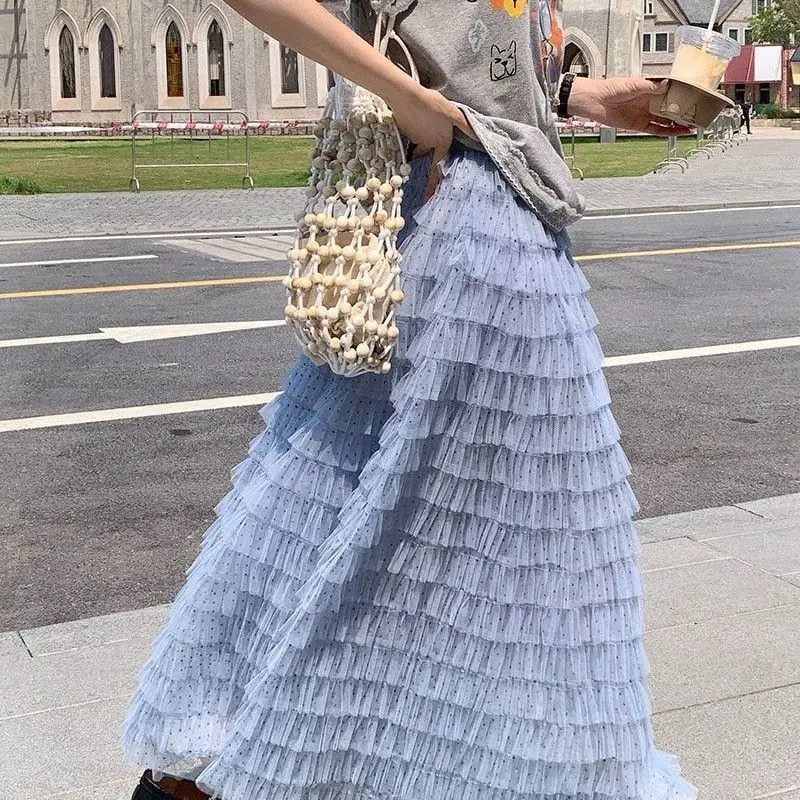 Spring 2026 New Korean Style Fashionable Polka Dot Color Block A-Line Mesh Cake Half-Length Skirt Women's Elegant Dress