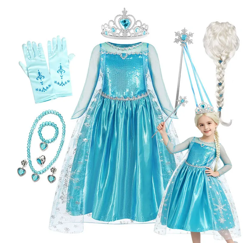 2026 Girls Elsa Princess Dress Kids Halloween Carnival Cosplay Snow Queen Costume Children Birthday Party Fancy Dress Up
