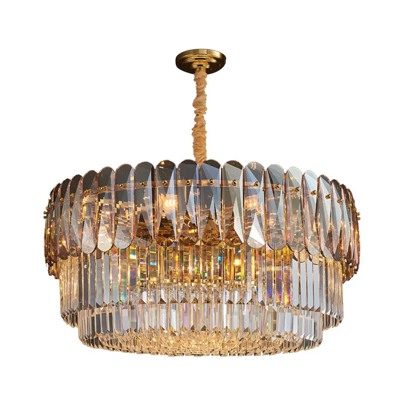 

Luxury K9 Crystal Pendant Lamp Amber/Smoky Grey Foyer Bedroom Dining Room Round Luminaire Nordic Fashion Metal Hanging Light