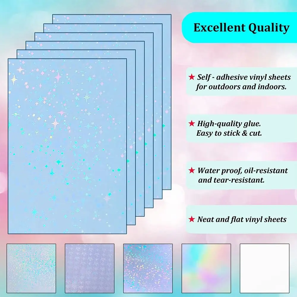 50Pcs Sand Stars Holographic Sticker Paper 3 Inch 105x74mm Self Adhesive Cold Lamination Film Waterproof Clear Overlay Film