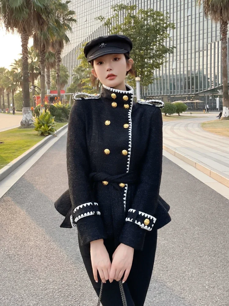 Cool Ladies Black Woolen Coat Autumn and Winter New High-Grade Cinched Thickened Double-Brewed Woolen Short Overcoat Female