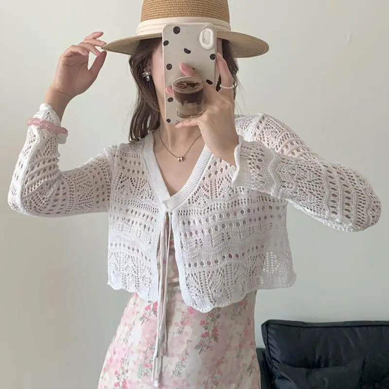 

Summer Knitted Cardigan Women's Sweaters Hollow Out Thin Air Conditioning Cover Shirt Casual Loose Shawl Sweater Bow Crop Tops