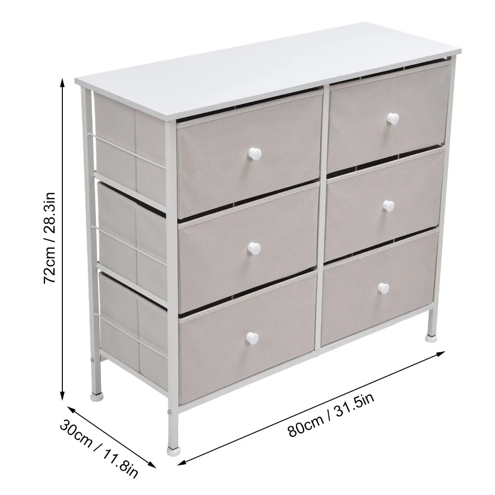 3Tier 6 Drawers Chest NonWoven Fabric Storage Cabinet Unit with Handles Home Bedroom Furniture White