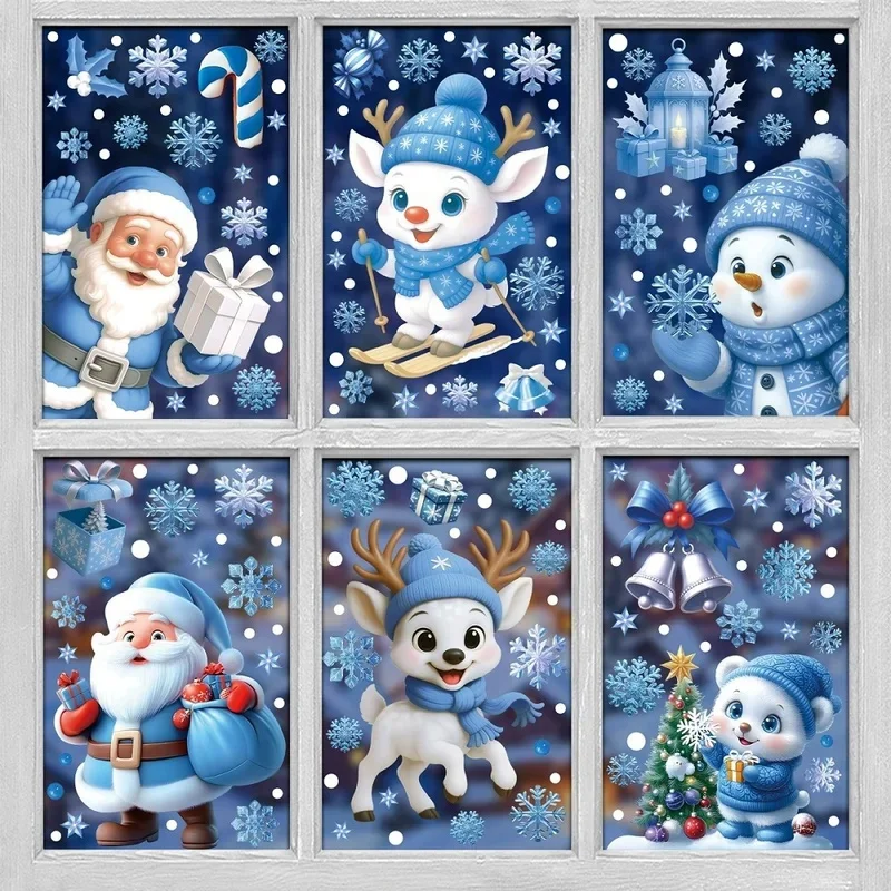 Blue Christmas Static Window Clings Cute Cartoon Santa Snowman Penguin Elk Snowflake Glass Decals PVC Stickers Holiday Decor