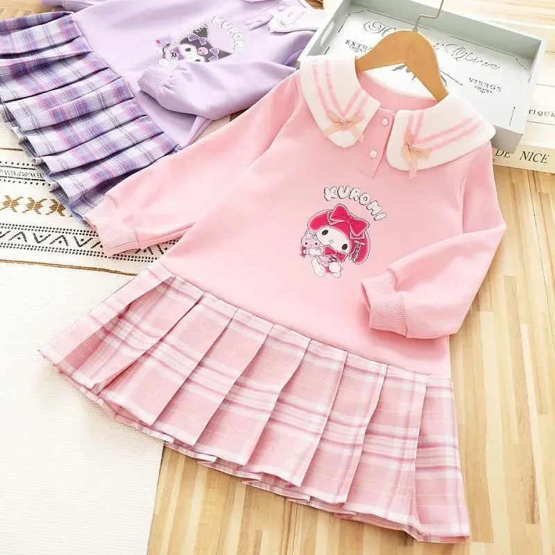 Anime Sanrio Kuromi Odzież dziecięca Wiosna Jesień Dziewczyna Kreskówka Kołnierzyk Piotruś Pan Fałszywe Dwie Sukienki Dzieci Plaid Śliczny Prezent