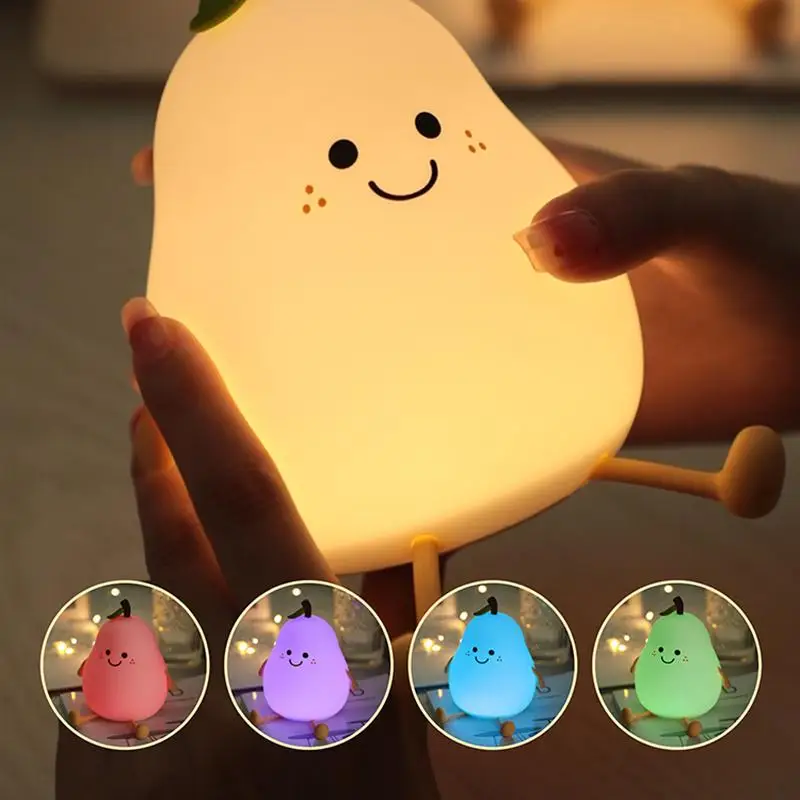 LED Night Light Pear Lamp Soft Silicone USB Rechargeable Touch Dimming Table Lamp Color Changing Kids Bedroom Decoration Lights