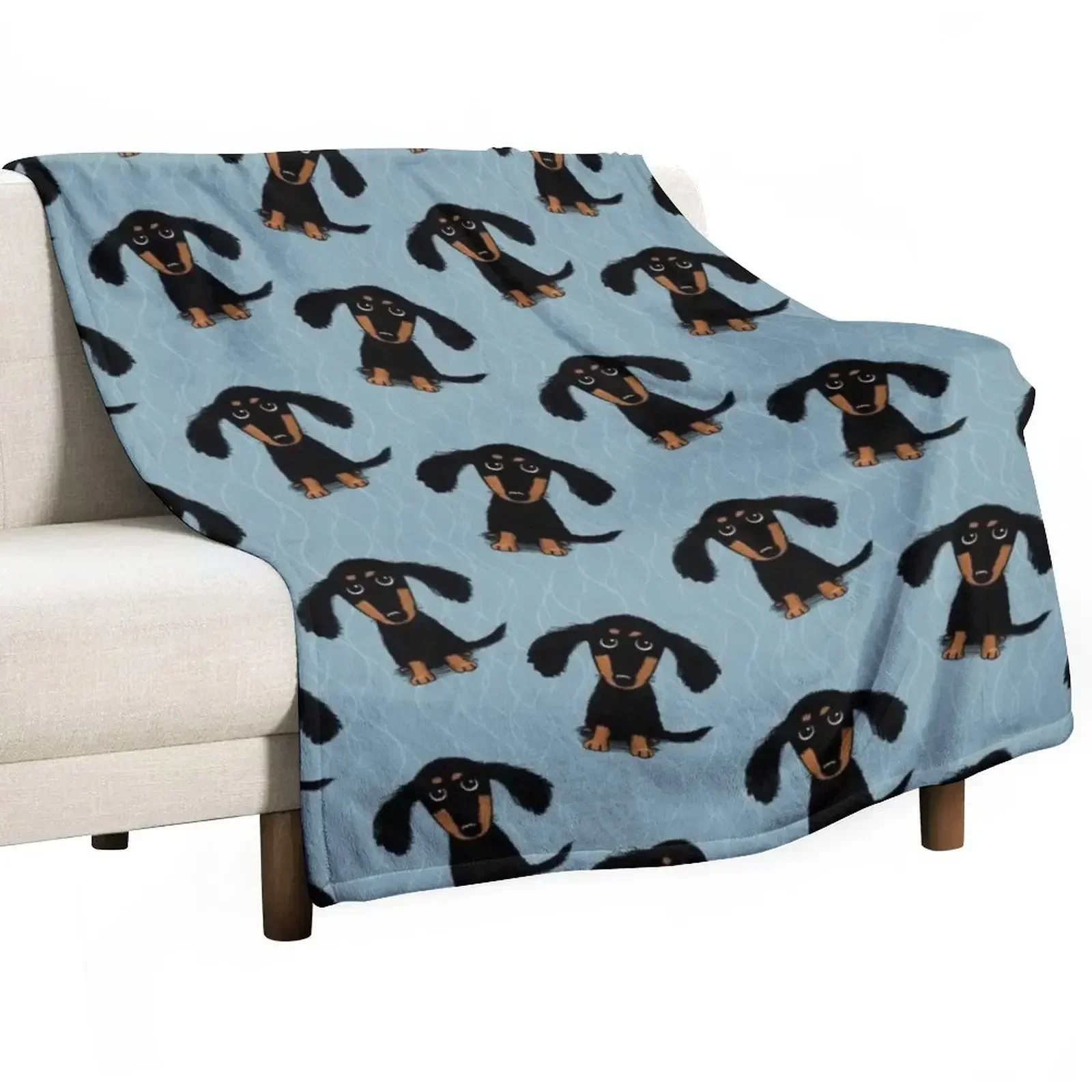 Longhaired Dachshund Black and Tan Puppy Dog Throw Blanket Sofas Decorative Sofas Blankets