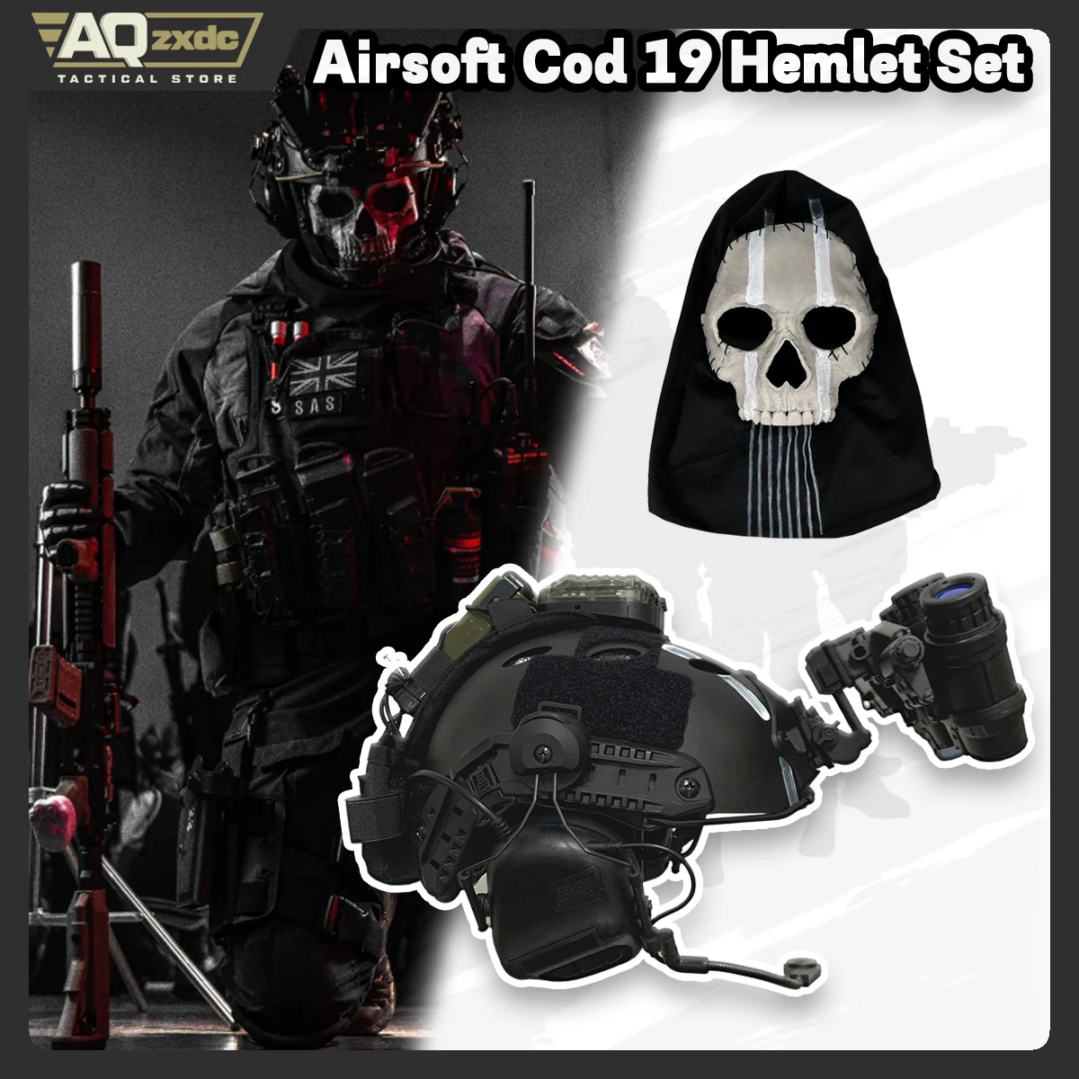 Airsoft Call of Duty 19 Cosplay Night Raid Ghost Helmet Set - Ghost Full face Mask & Includes headphones & Four-eye NVG Model